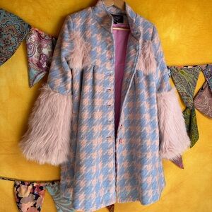 Pastel Houndstooth Faux Fur Trim Coat - Pink & Blue